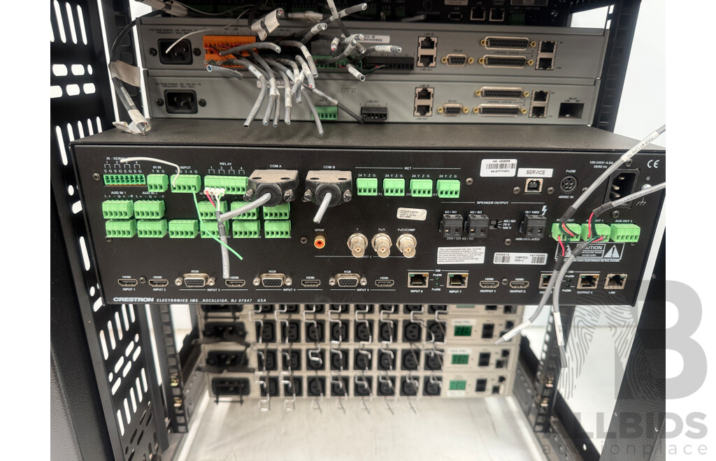 Rack Cabinet Containing Digital Media System - CP3N (3 Series Control System) + Converge Pro 880 + Converge Pro VH20 + Crestron DMPS3-300-C + 5x Switched CDU