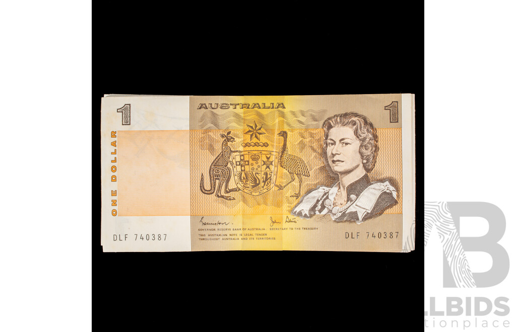 One Hundred Consecutive Australian 1982 UNC One Dollar Notes, Johnson/Stone R78, DLF 740387 - DLF 740486