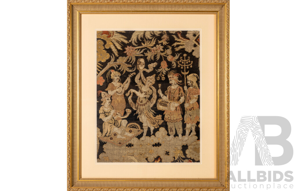 Artist Unknown, (Likely Late 18th/Early 19th Centuries, Possibly French), Musicians with Girl Dancing, Gorgeous Antique Chinoiserie Style Tapestry Framed, 75 X 63 Cm (frame)