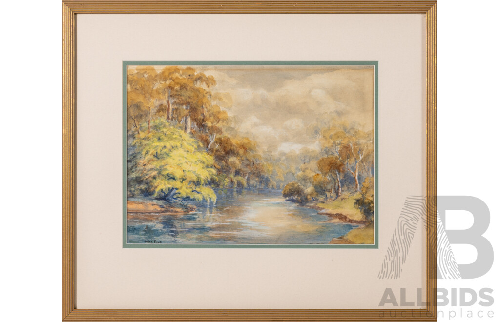 John Pick, (19/20th Century, Australian, 1866-1949),  River Scene with Trees, Original Antique Watercolour, 48 x 56 cm (frame)