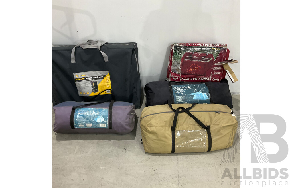 OZTrail 4 Shelf Deluxe Cupboard & Assorted Cmaping Tent & Gas Stove