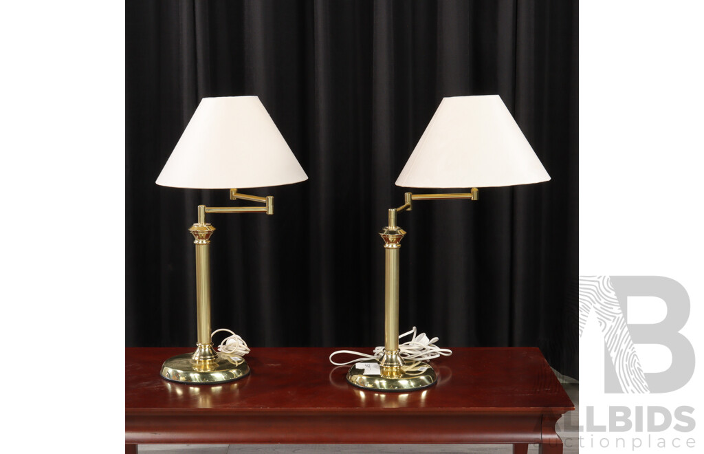 Pair of Brass Articulated Desk Lamps with Fabric Shades