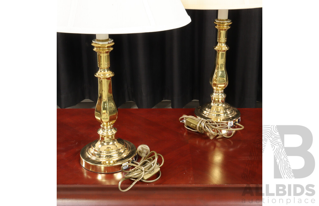Pair of Brass Table Lamps with Sectional Fabric Shades