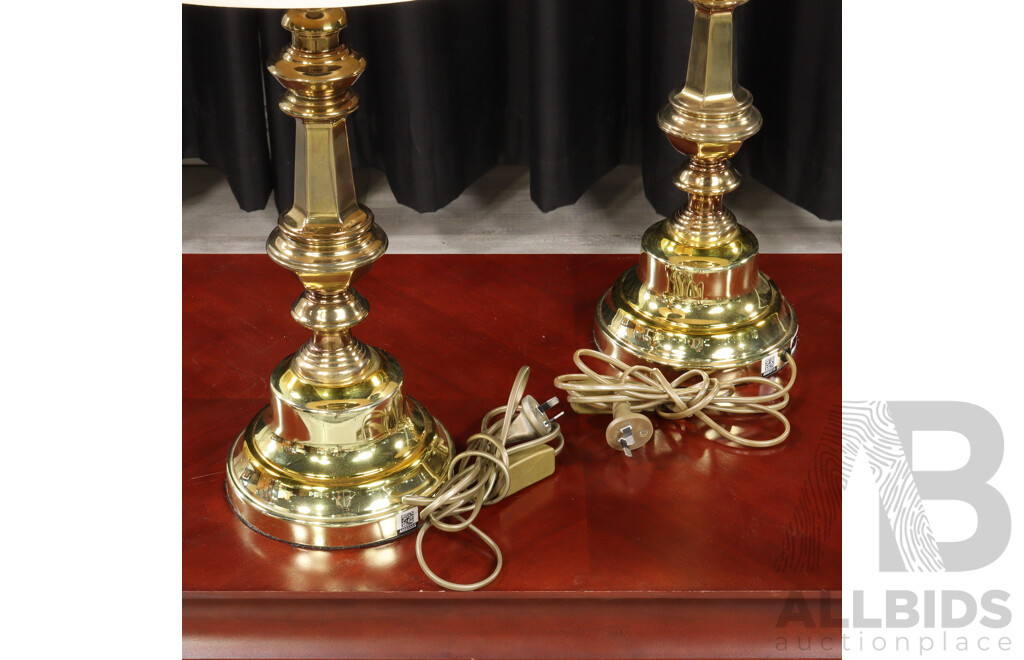 Pair of Brass Table Lamps with Conical Fabric Shades