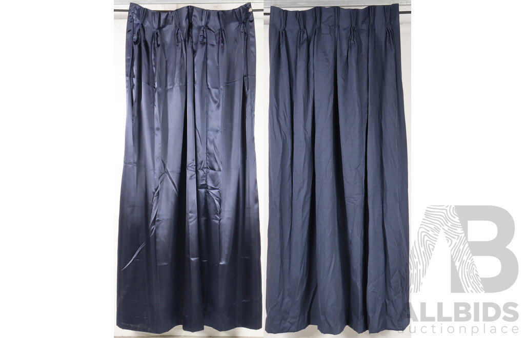 Collection of 14 Fabric Backed Navy Blue Silk Curtains with Cotton Examples