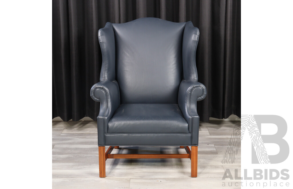 Georgian Style Blue Leather Wing Back Arm Chair