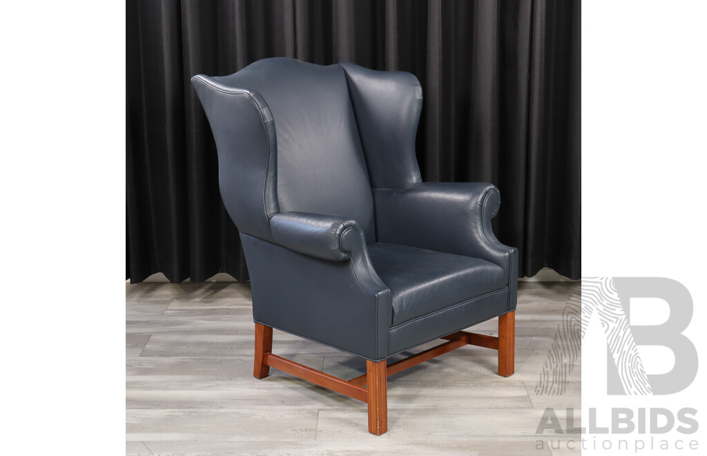 Georgian Style Blue Leather Wing Back Arm Chair