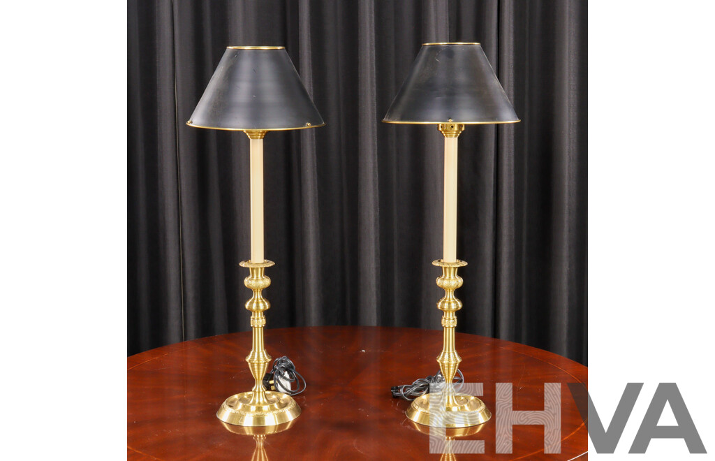 Pair of Regency Style Turned Brass Candle Stick Form Table Lamps by Wildwood Lamps