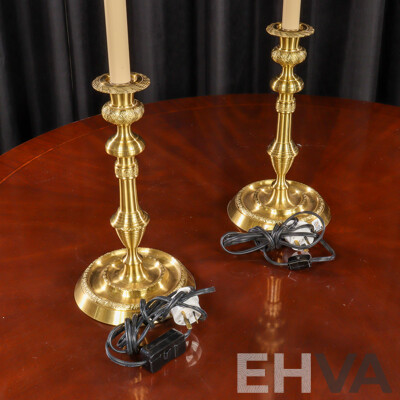 Pair of Regency Style Turned Brass Candle Stick Form Table Lamps by Wildwood Lamps