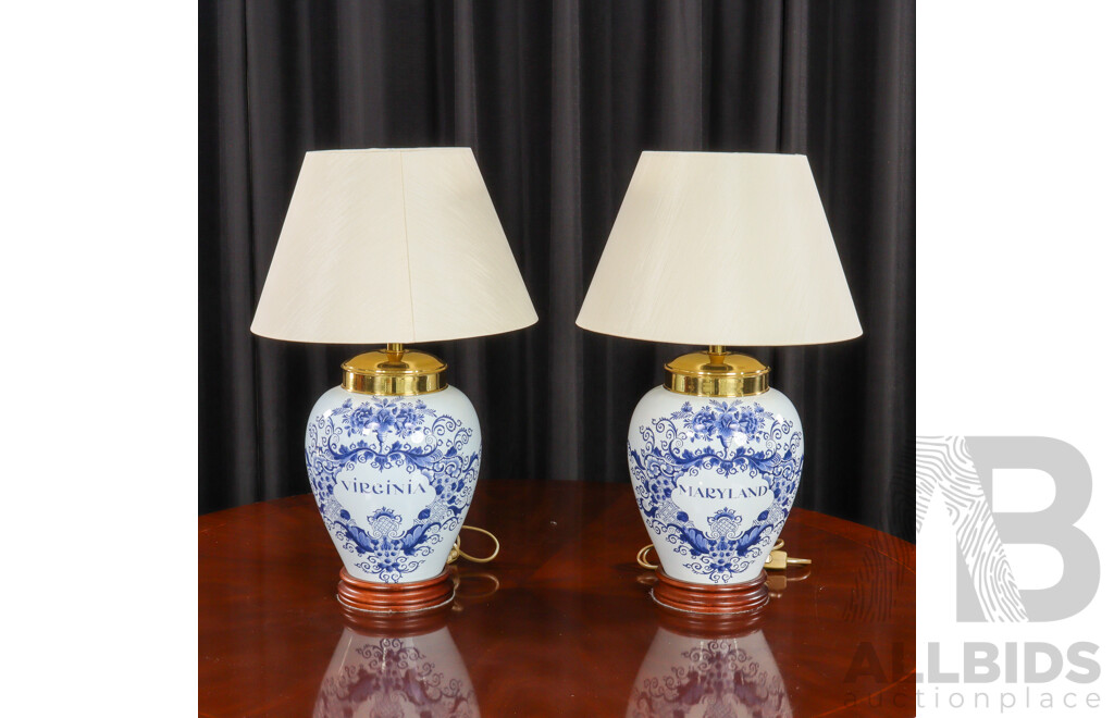 Pair of Glazed Blue and White Ceramic Table Lamps Marked Maryland and Virginia
