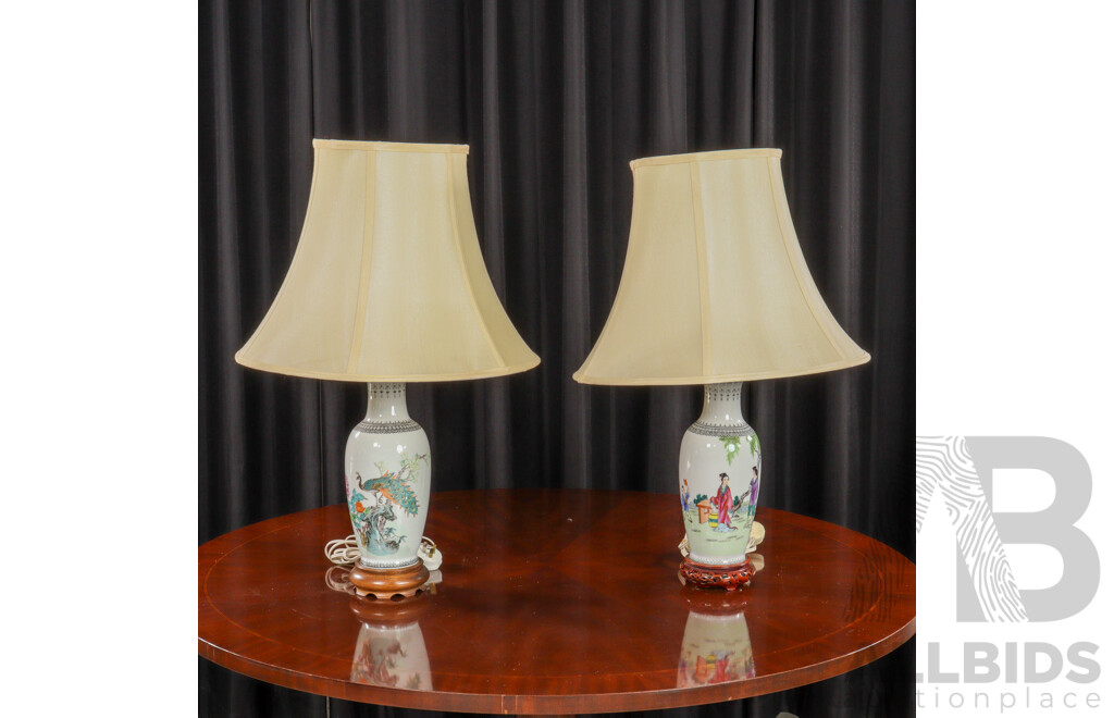 Pair of Simular Chinese Ceramic Table Lamps with Fabric Shades