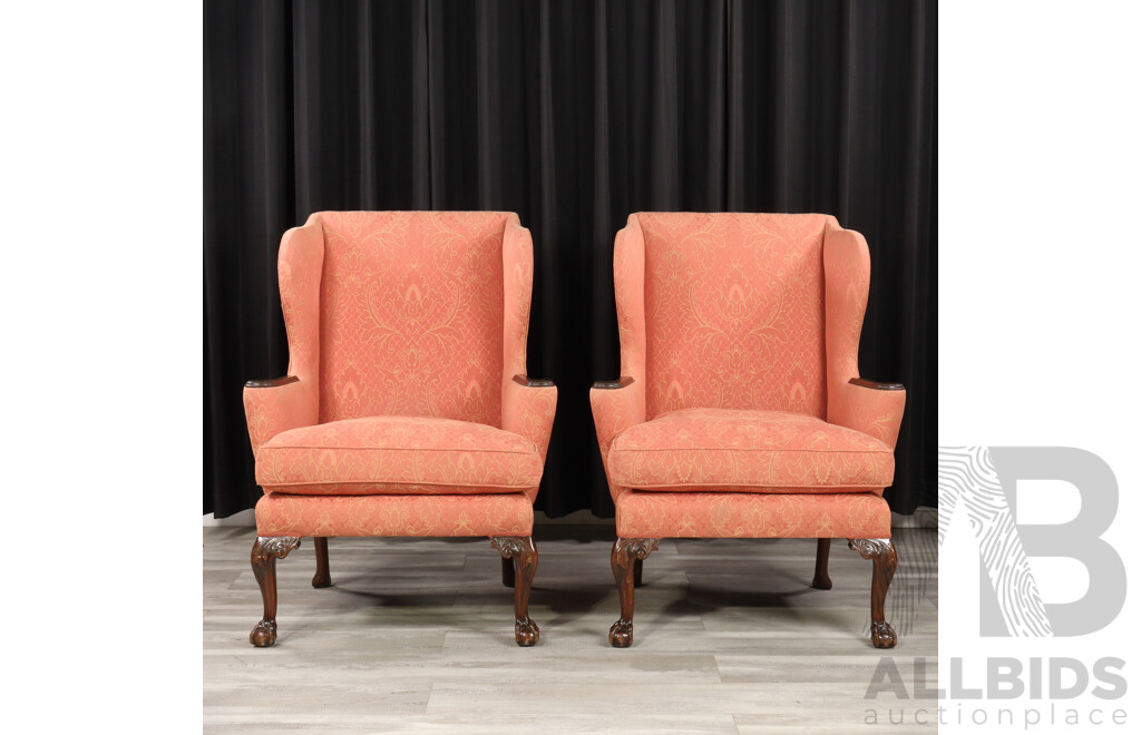 Pair of Georgian Style Wing Back Armchairs with Brocade Upholstery