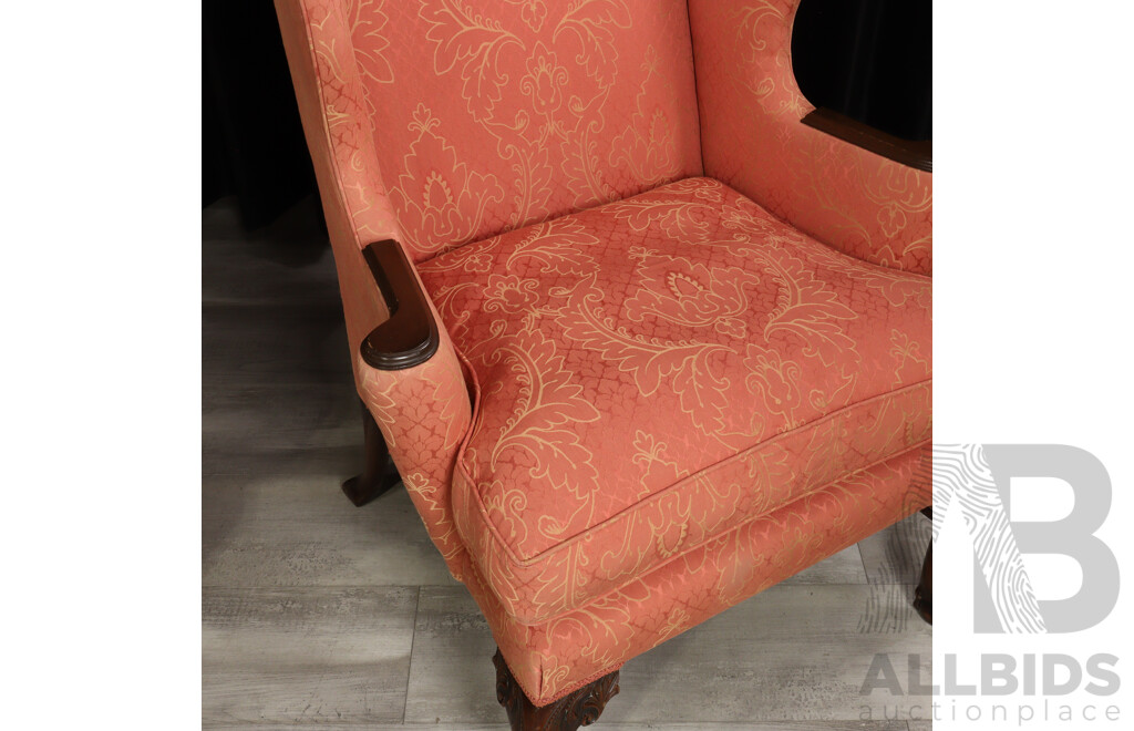 Pair of Georgian Style Wing Back Armchairs with Brocade Upholstery