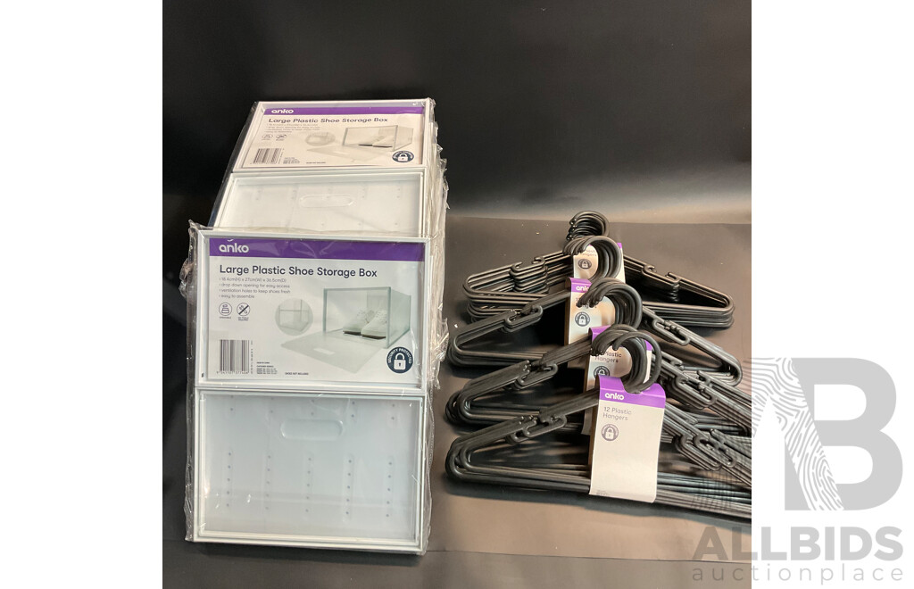 Anko Large Plastic Shoe Storage Box X10 & 12 Packs  Plastic Hangers X4