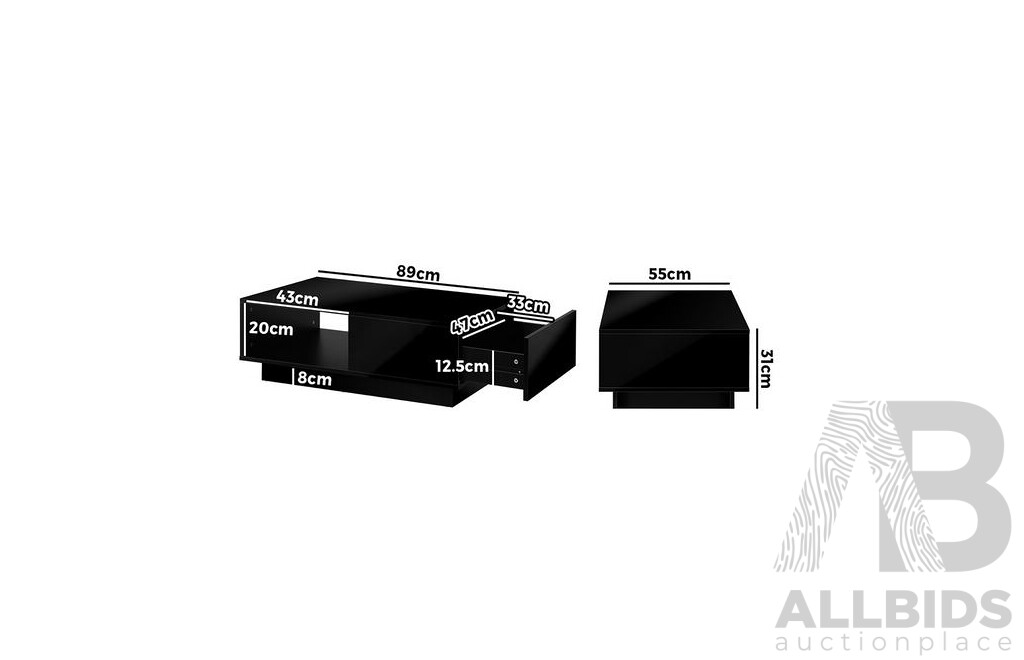 Oikiture Coffee Table LED High Gloss Storage Drawer Black (CTB-B15-DELI-BK)