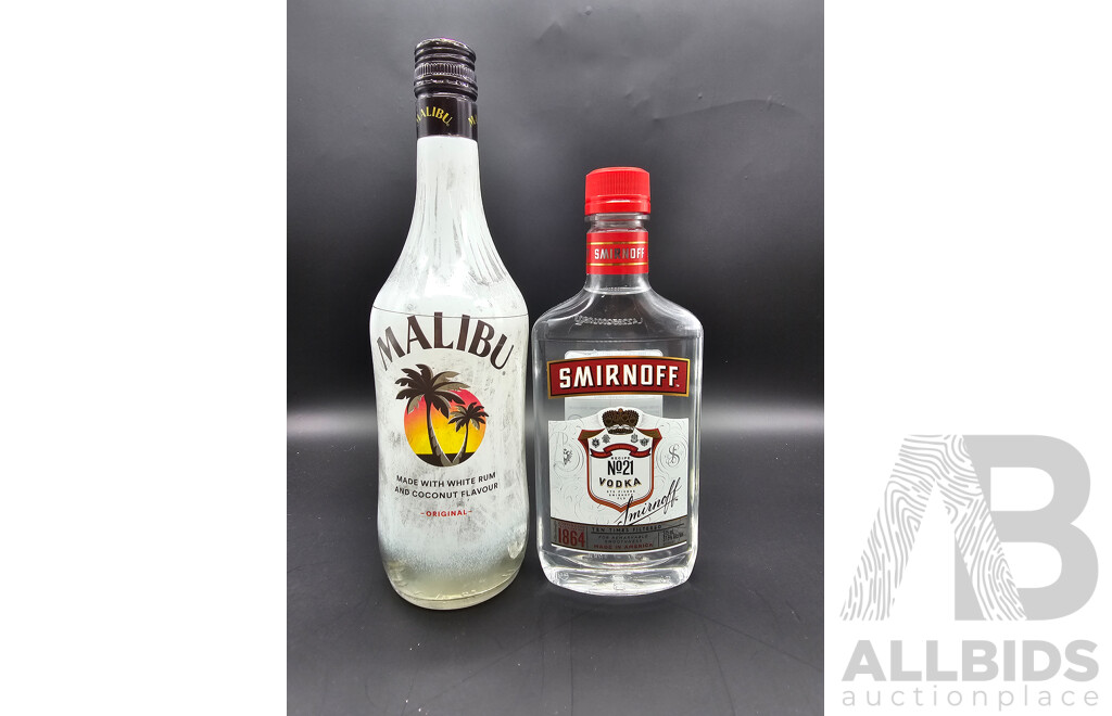 Malibu White Rum 700ml and Smirnoff Vodka 375ml