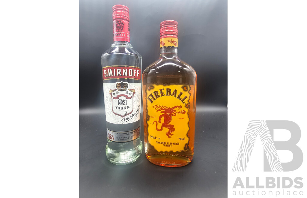 Smirnoff Vodka 700ml and Fireball Whiskey 700ml