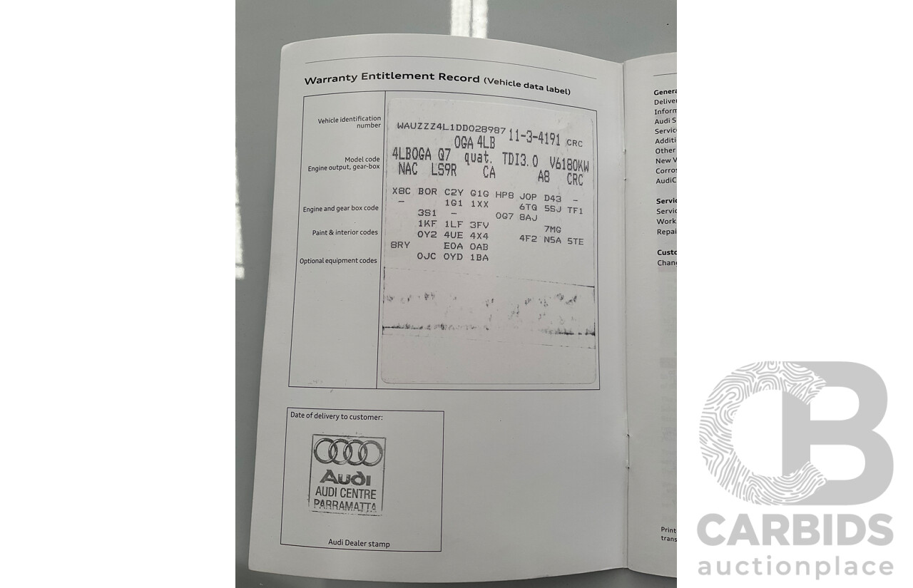 5/2013 Audi Q7 3.0 TDI Quattro MY13 4d Wagon Carrara White Turbo Diesel V6 3.0L - 7 Seater