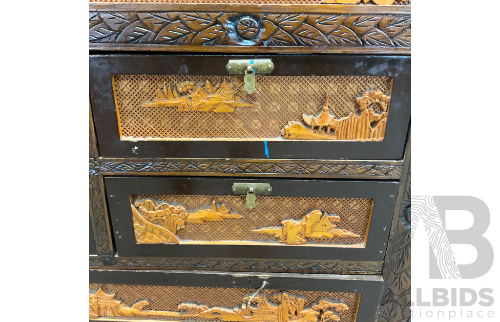 Vintage Chinese Carved Wood Chest Over Cabinet