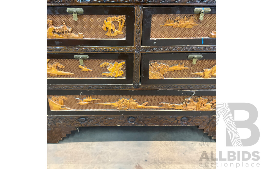 Vintage Chinese Carved Wood Chest Over Cabinet