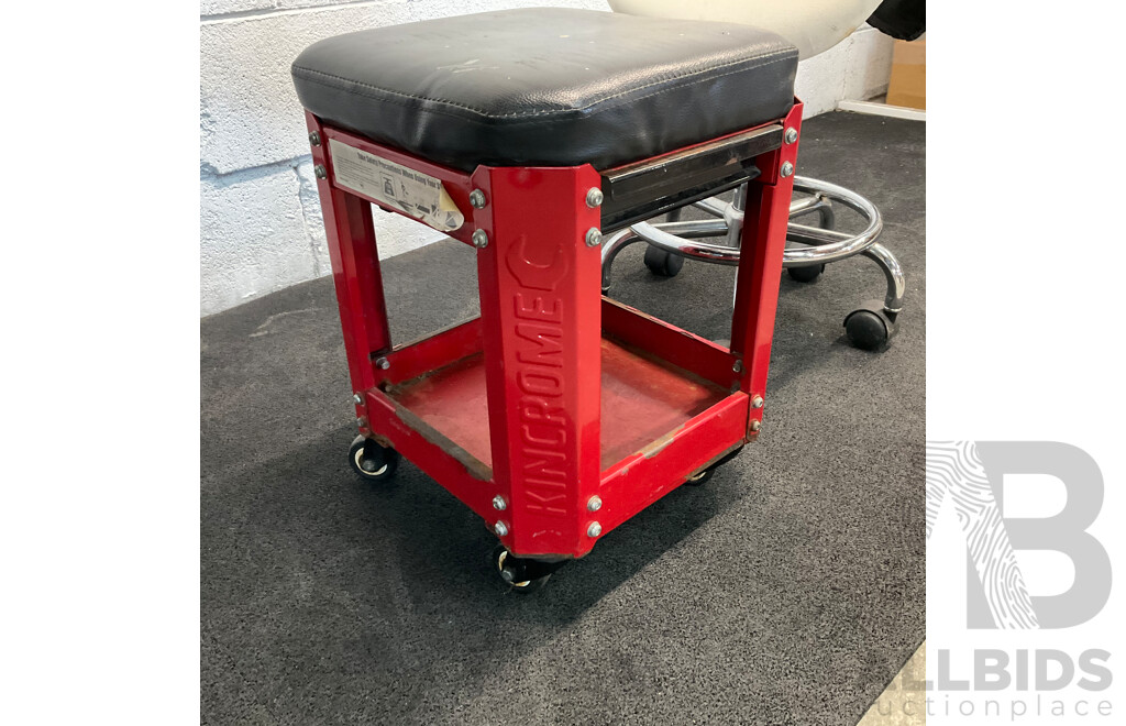 White Saddle Chair with Foot Rest & Kincrome Workshop Creeper Seat with Drawer & Tools