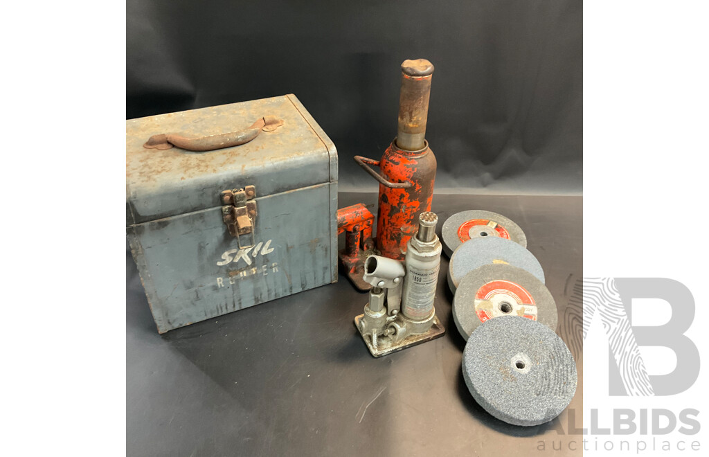 Vintage Skil 297 Rounter & Two Hydraulic Hand Jack & Four Grinding Wheels