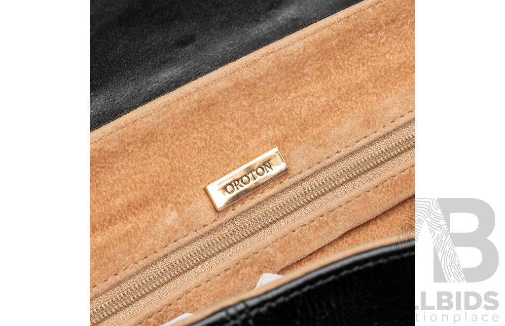 Oroton Black Leather Handbag with Removable Shoulder Strap & Dust Bag