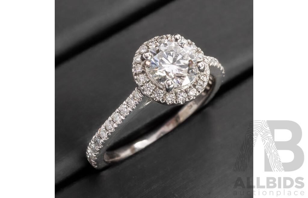 14ct White Gold Diamond Halo Engagement Ring, TDW 1.01ct, IGI Certified Lab Grown Diamond Solitaire D/VVS2, Size J, 3.01 Grams