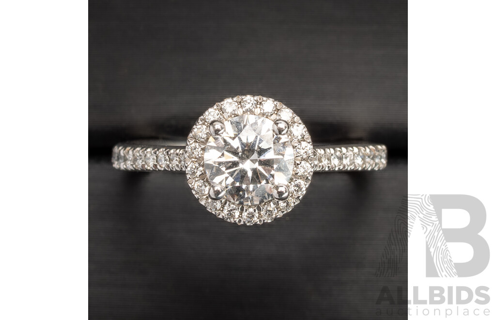 14ct White Gold Diamond Halo Engagement Ring, TDW 1.01ct, IGI Certified Lab Grown Diamond Solitaire D/VVS2, Size J, 3.01 Grams