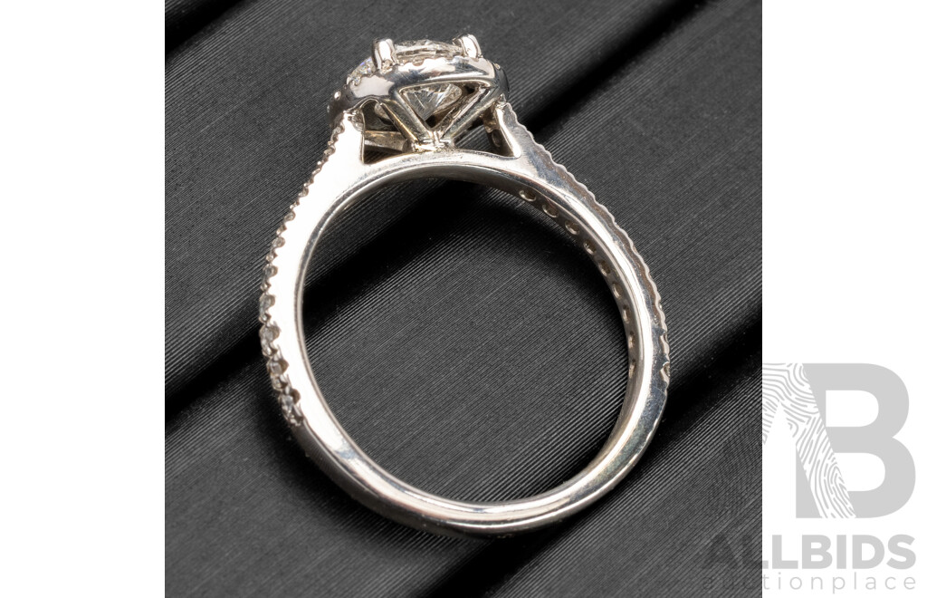 14ct White Gold Diamond Halo Engagement Ring, TDW 1.01ct, IGI Certified Lab Grown Diamond Solitaire D/VVS2, Size J, 3.01 Grams
