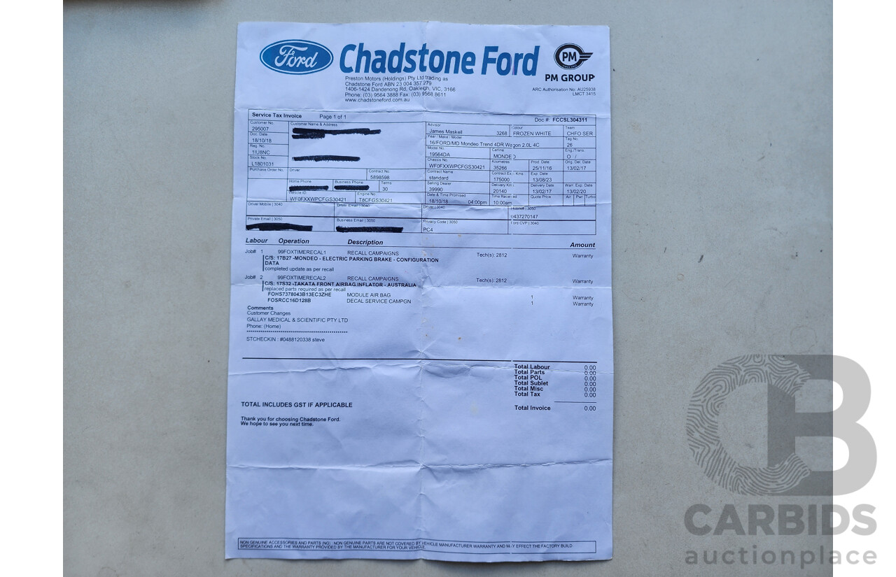 1/2017 Ford Mondeo Trend TDCi MD 4d Wagon White 2.0L