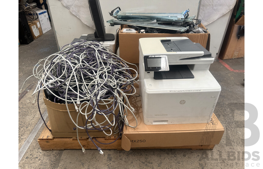Pallet of Assorted - Used Printers + Desktop Phones + Data Cable