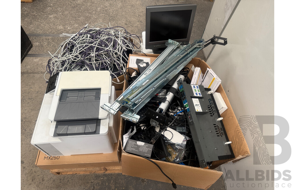Pallet of Assorted - Used Printers + Desktop Phones + Data Cable