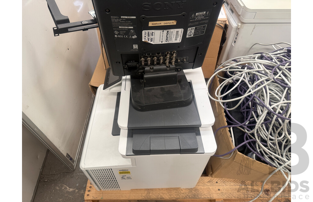 Pallet of Assorted - Used Printers + Desktop Phones + Data Cable