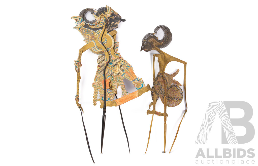 Pair of Wonderful Vintage Indonesian Wayang Kulit Shadow Puppets, Hand Constructed and Painted Leather & Natural Dry Pigments with Ancur & Gold Leaf & Buffalo Horn, 75 x 30 cm (largest) (2)