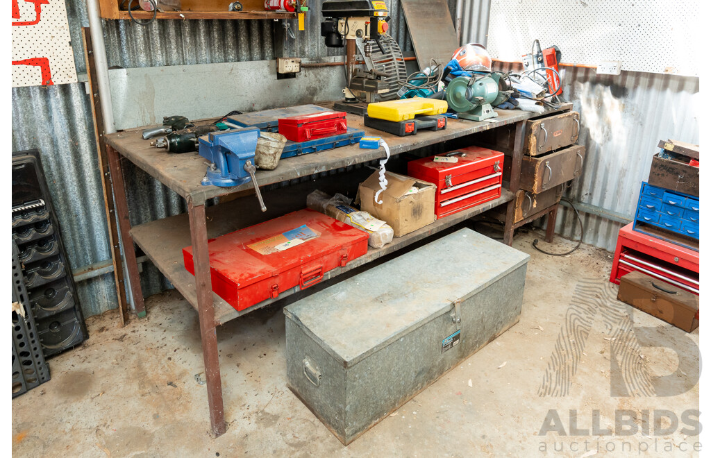 Vintage Metal Workshop Bench with Mounted Vice