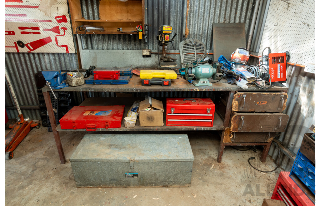 Vintage Metal Workshop Bench with Mounted Vice