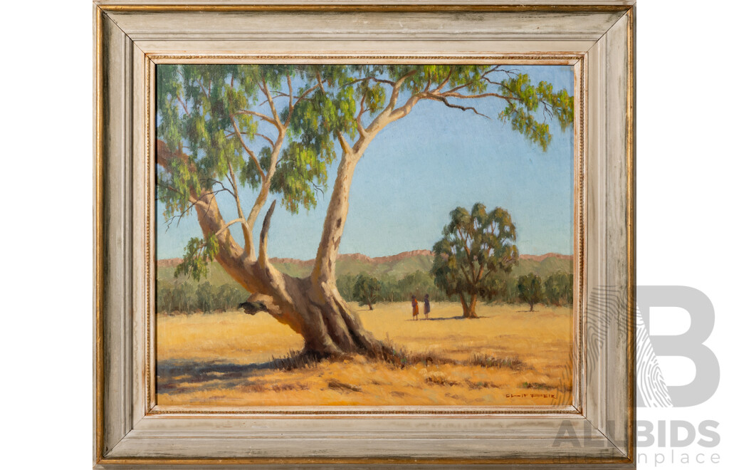 Clif Peir, (20th Century, Australian), 1905-1985), Ladies Chatting by Gum, Wonderful Original Oil on Masonite, 61 x 72 cm (frame)