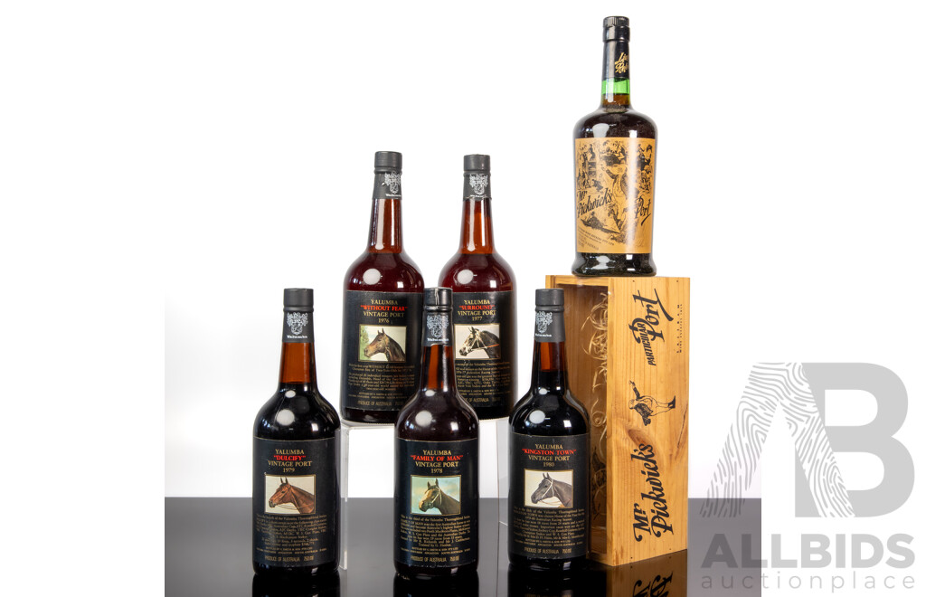 Set of Five Consecutive Yalumba Thoroughbred Series Vintage Port, 1976-1980 Togeather with Cased Mr Pickwicks Port