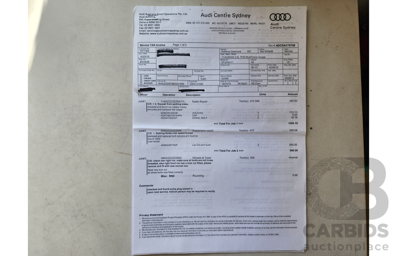 9/2010 Audi A5 2.0 TFSI 8T 2d Coupe White 2.0L