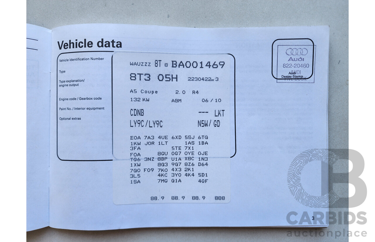 9/2010 Audi A5 2.0 TFSI 8T 2d Coupe White 2.0L