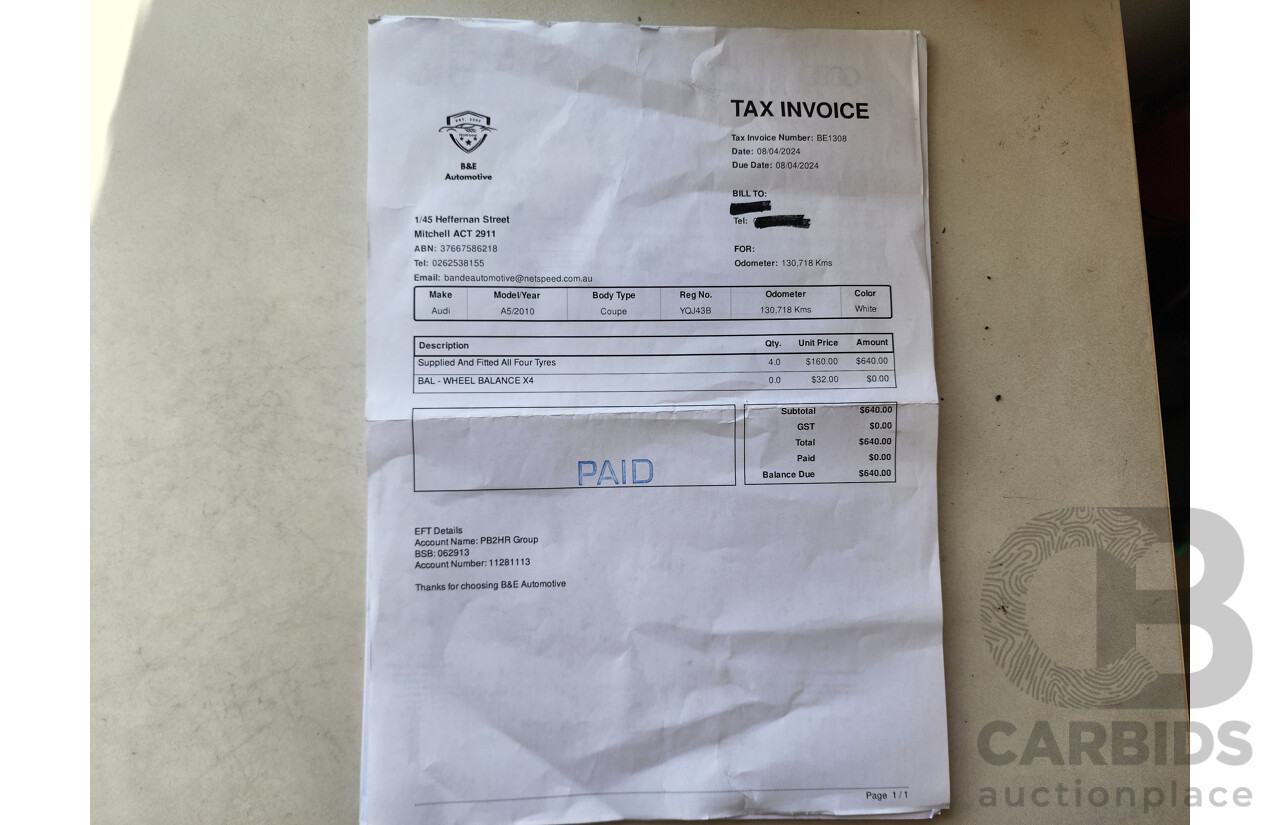 9/2010 Audi A5 2.0 TFSI 8T 2d Coupe White 2.0L