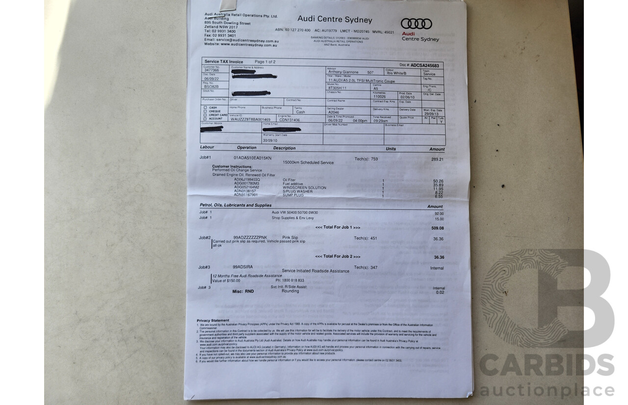 9/2010 Audi A5 2.0 TFSI 8T 2d Coupe White 2.0L