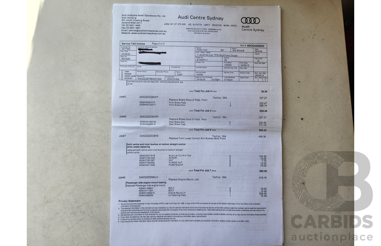 9/2010 Audi A5 2.0 TFSI 8T 2d Coupe White 2.0L