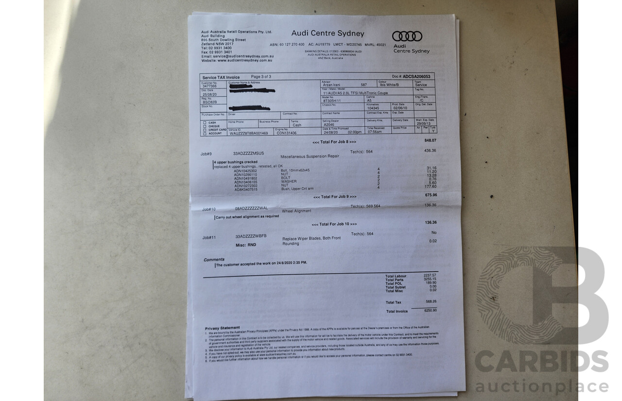 9/2010 Audi A5 2.0 TFSI 8T 2d Coupe White 2.0L