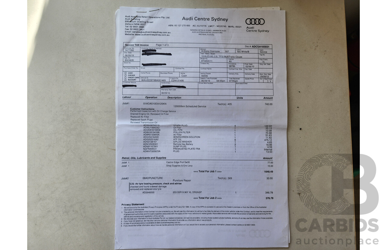 9/2010 Audi A5 2.0 TFSI 8T 2d Coupe White 2.0L