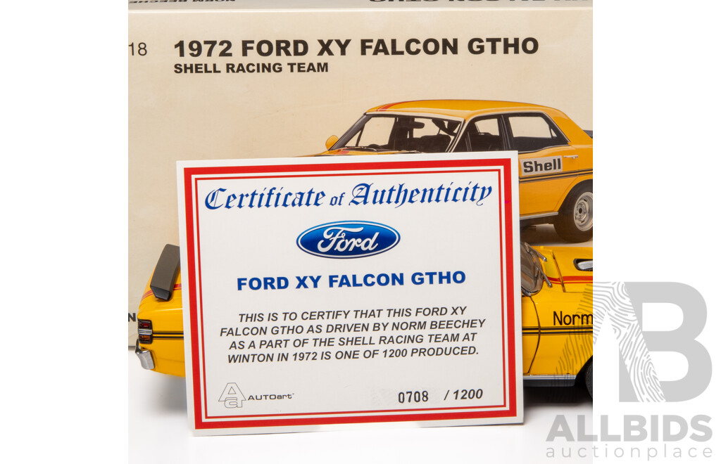 AUTOart 1972 Ford XY Falcon GTHO Shell Racing Team Norm Beechey COA 708/1200 - 1:18 Scale Model Car