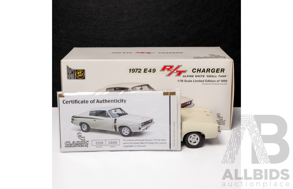 Classic Carlectables 1972 Chrysler E49 Charger R/T Small Tank Alpine White COA 558/1000 - 1:18 Scale Model Car