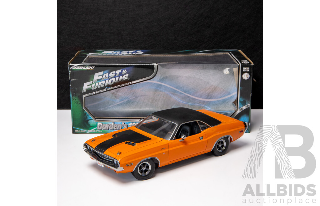 Greenlight 1970 Dodge Challenger R/T (Darden's) Fast & Furious Orange W Black Roof - 1:18 Scale Model Car