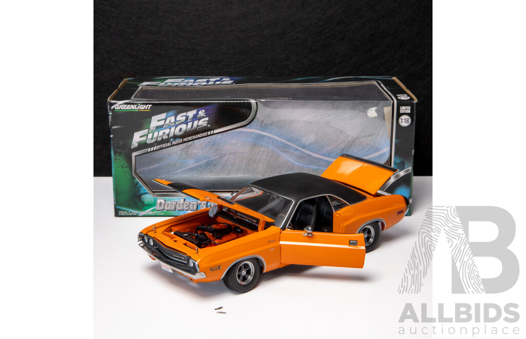 Greenlight 1970 Dodge Challenger R/T (Darden's) Fast & Furious Orange W Black Roof - 1:18 Scale Model Car